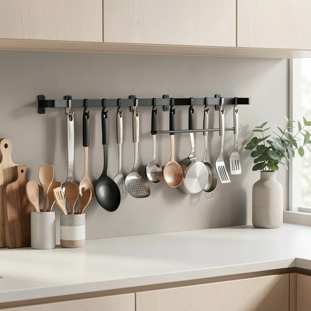 Kitchen wall grid with modular panels for utensils