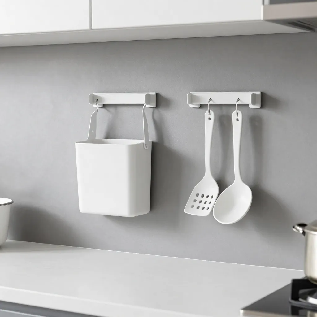 Close-up of magnetic hooks on a steel strip